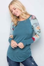 Blue Floral Sleeve Raglan Top