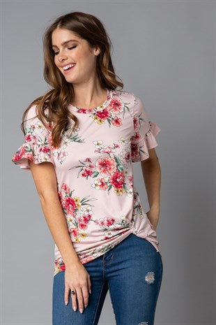 Floral Ruffle Sleeve Side Twist Top